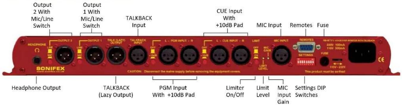 Output 2 With Mic/Line Switch Output 1 With Mic/Line Switch TALKBACK Input CUE Input With +10dB Pad MIC Input Remotes Fuse HAEDPHONE LINE MIC OUTPUT 2 OUTPUT 1 TALK (LAZY) OUTPUT TALKBACK INPUT L - PGB INPUT - R L - CUE INPUT - R LIMIT OFF MIC GAIN ON LIMIT LEVEL REMOES 230V 100mA 115V 200mA FUSE 115V - 230V CAMBRIDGE NAME WITH SLABACK CAUTION: Disconnect the main supply before removing the equipment covers. PGM Input With +10dB Pad Limiter On/Off Limit Level MIC Input Gain Settings DIP Switches This product must be sorted
