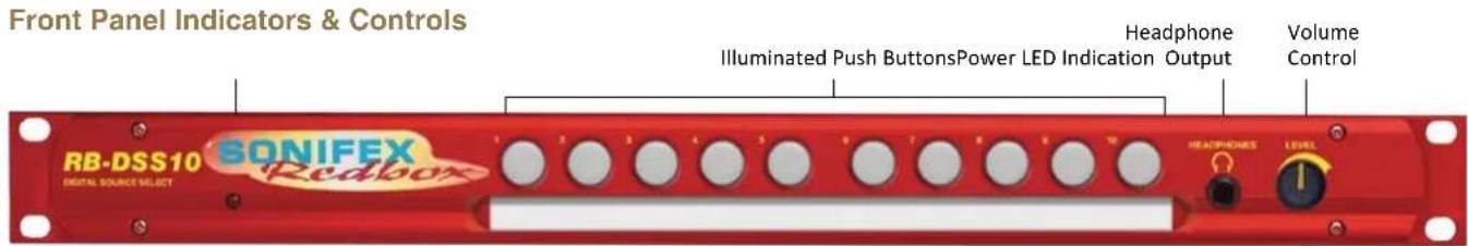 Front Panel Indicators & Controls Illuminated Push ButtonsPower LED Indication Output Headphone Volume Control RB-DSS10 SONIFEX Digital Source Select Redbox 1 2 3 4 5 6 7 8 9 10 HEADPHONES LEVEL