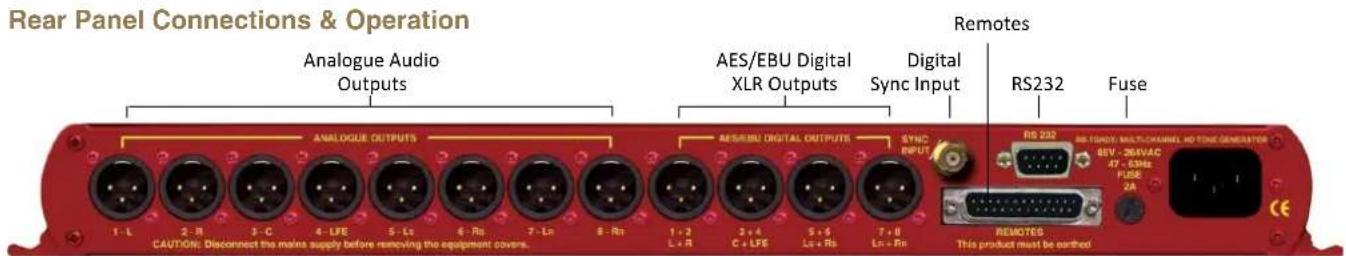Rear Panel Connections & Operation Analogue Audio Outputs AES/EBU Digital XLR Outputs Digital Sync Input Remotes RS232 Fuse ANALOGUE OUTPUTS AES/EBU DIGITAL OUTPUTS SYNC INPUT RS 232 RR-TONOS: MULTI-CHANNEL HD TONG GENERATOR 65V - 264VAC 47 - 53Hz FUSE 2A 1-L 2-R 3-C 4-LFE 5-Ls 6-Rs 7-Ln 8-Rs 1+2 L+R 2+4 C+LFE 3+5 Ls+Rs 7+8 Ln+Rn CAUTION: Disconnect the mains supply before removing the equipment covers. REEMOTES This product must be earthed