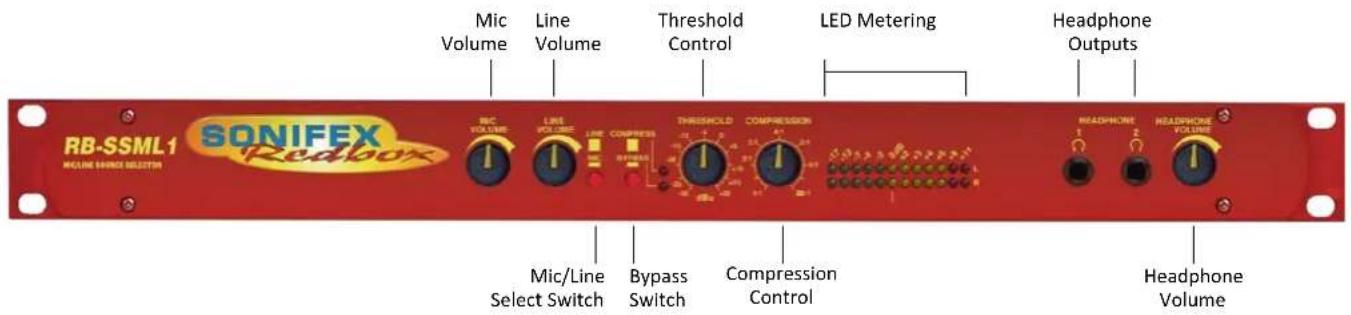 RB-SSML1 SONIFEX Reapc MIC/Volume Line Volume Threshold Control LED Metering Headphone Outputs Mic/Line Select Switch Bypass Switch Compression Control Headphone Volume