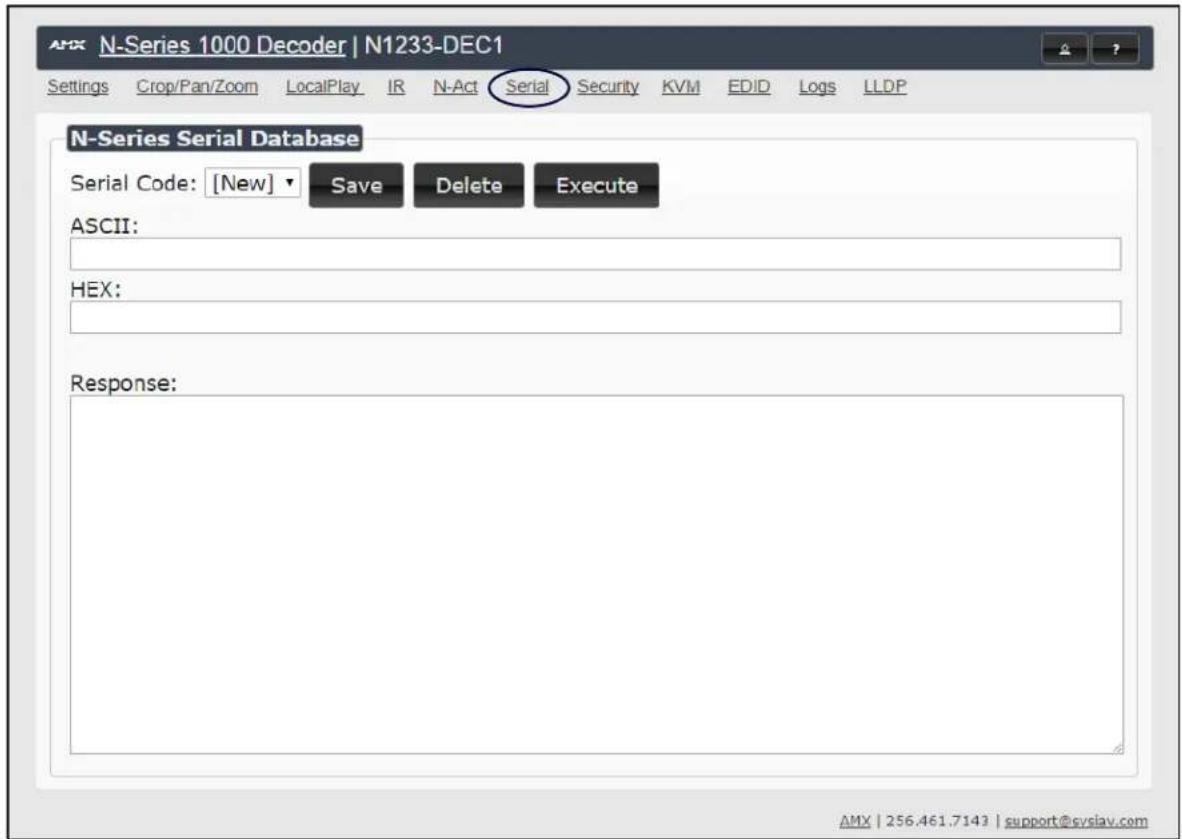 N-Series 1000 Decoder | N1233-DEC1 Settings Crop/Pan/Zoom LocalPlay IR N-Act Serial Security KVM EDID Logs LLDP N-Series Serial Database Serial Code: [New] Save Delete Execute ASCII: HEX: Response: