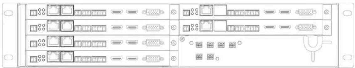 Front view of a rack-mounted server rack with multiple ports and connectors (no visible text or labels)