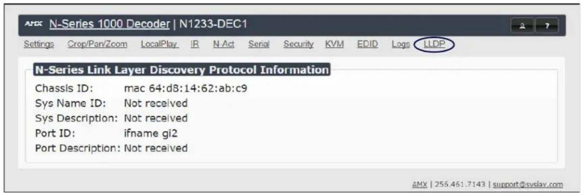 N-Series Link Layer Discovery Protocol Information Chassis ID: mac 64:d8:14:62:ab:c9 Sys Name ID: Not received Sys Description: Not received Port ID: ifname gi2 Port Description: Not received