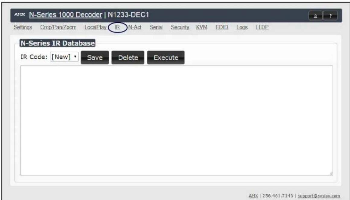 N-Series 1000 Decoder | N1233-DEC1 Settings Crop/Pan/Zoom LocalPlay IR N-Act Serial Security KVM EDID Logs LLDP N-Series IR Database IR Code: [New] Save Delete Execute AMX | 256.461.7143 | support@svslav.com
