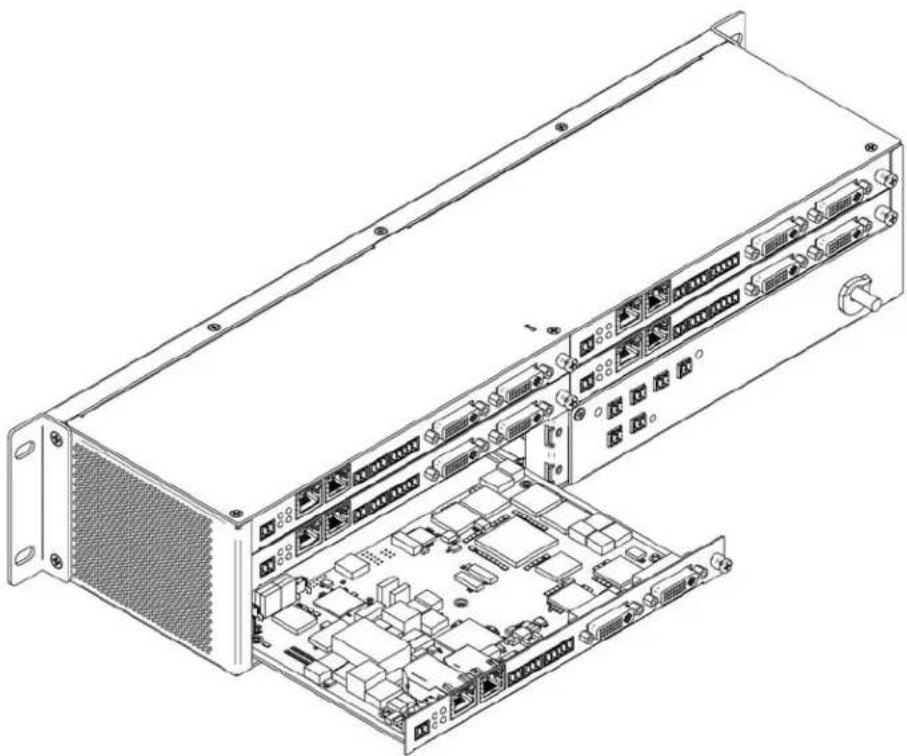 Technical line drawing of a server rack with internal components and ventilation slots (no text or labels)