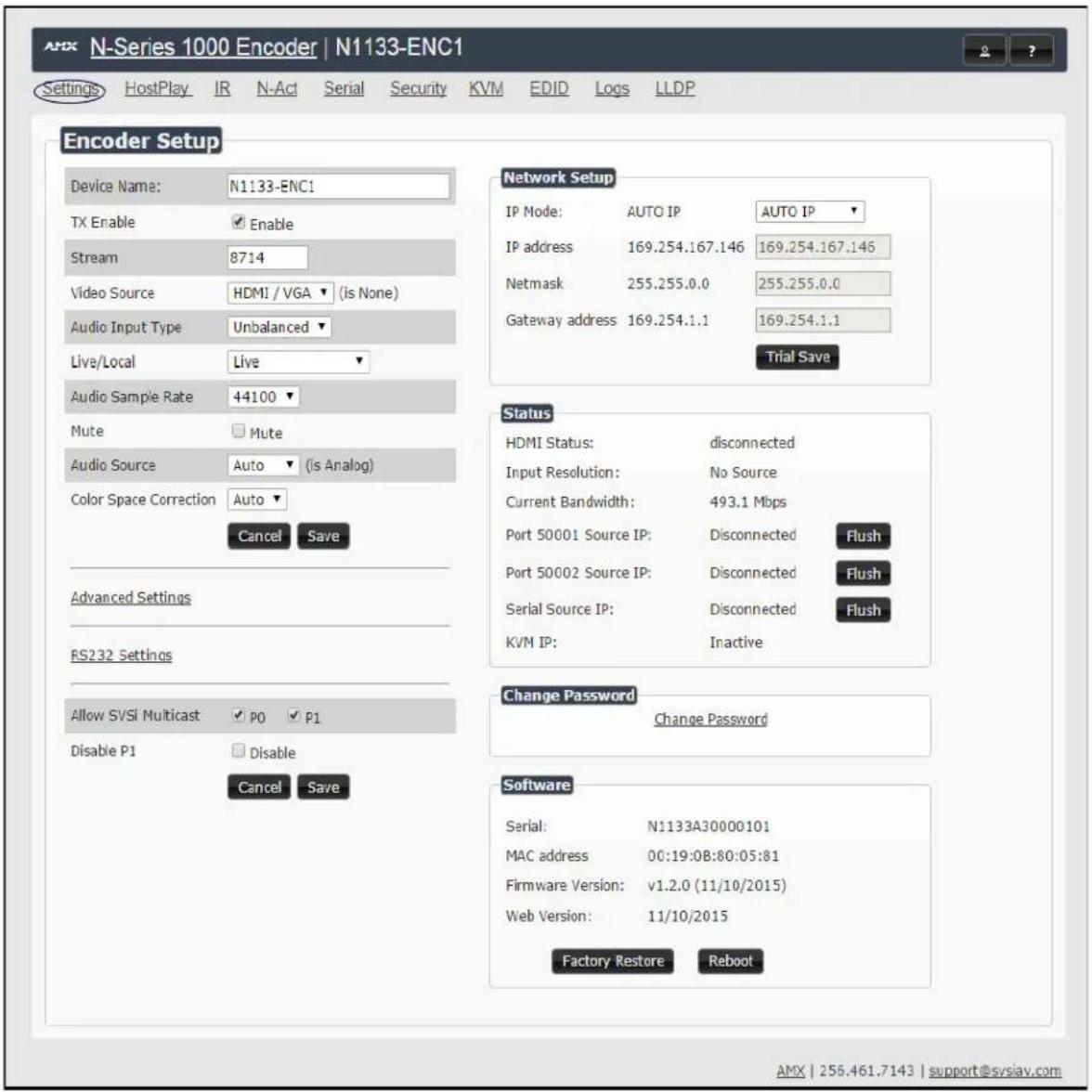N-Series 1000 Encoder | N1133-ENC1 Settings HostPlay IR N-Act Serial Security KVM EDID Logs LLDP Encoder Setup Device Name: N1133-ENC1 TX Enable Enable Stream 8714 Video Source HDMI / VGA (is None) Audio Input Type Unbalanced Live/Local Live Audio Sample Rate 44100 Mute Mute Audio Source Auto (is An…