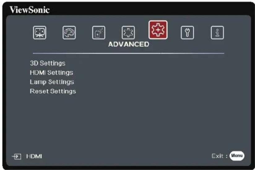 ViewSonic ADVANCED 3D Settings HDMI Settings Lamp Settings Reset Settings HDMI Exit : Monu