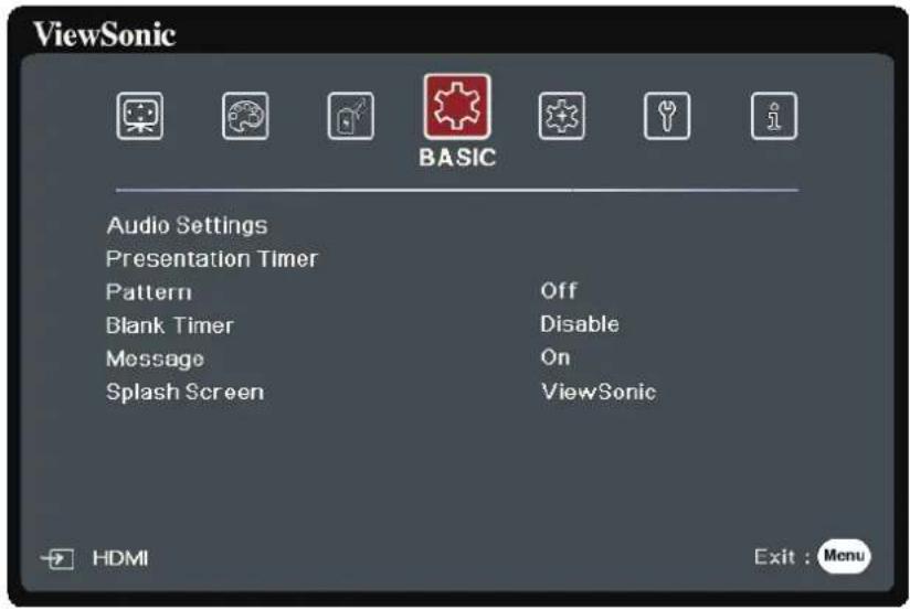 ViewSonic BASIC Audio Settings Presentation Timer Pattern Off Blank Timer Disable Message On Splash Screen ViewSonic HDMI Exit : Menu