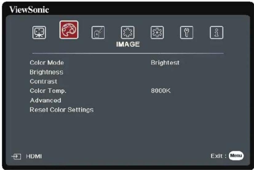 ViewSonic IMAGE Color Mode Brightness Contrast Color Temp. Advanced Reset Color Settings Brightest 8000K HDMI Exit : Menu