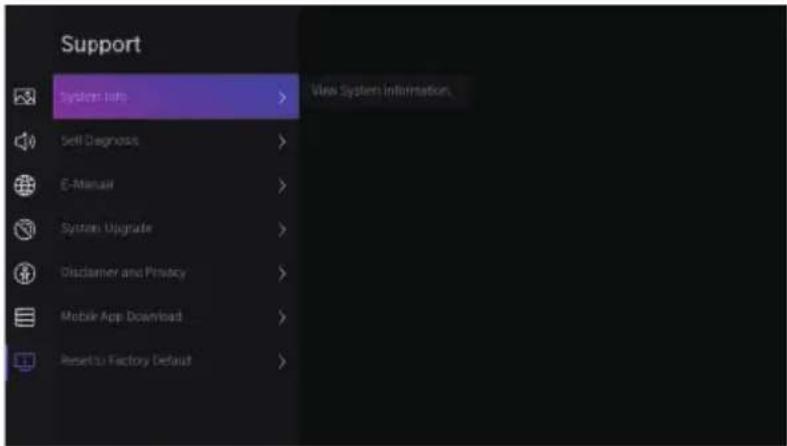 Support System Info > View System Information. Sell Diagnosis > E-Manual > System Upgrade > Disclaimer and Privacy > Mobile App Download > Reset to Factory Default >