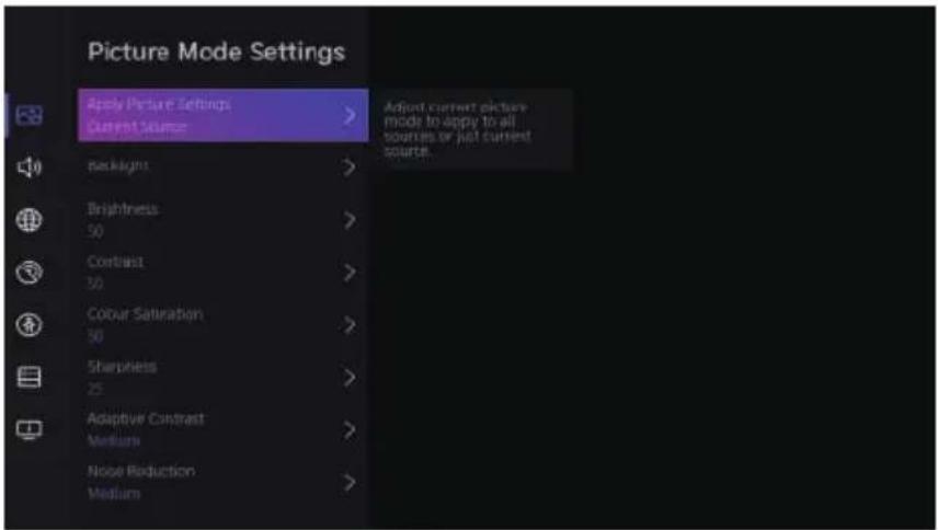 Picture Mode Settings Apply Picture Settings Current Source > Backlight > Brightness 50 > Contrast 50 > Colour Saturation 50 > Sharpness 25 > Adaptive Contrast Medium > Noise Reduction Medium > Adjust current picture mode to apply to all sources or just current source.