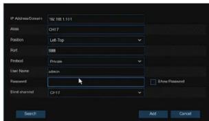IP Address/Address: 192.168.1.11 Name: CHF7 Position: Left Top Port: 000 Posted: Private User Name: custom Password: Show Password Edit Direction: CP-17 Search Add Cancel