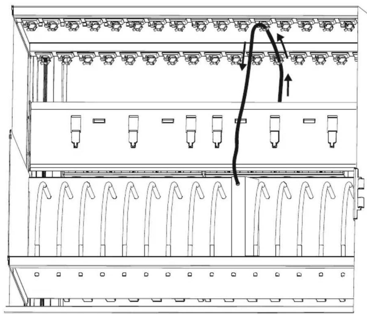 Technical diagram of a server rack with labeled components and directional arrows indicating flow or movement.