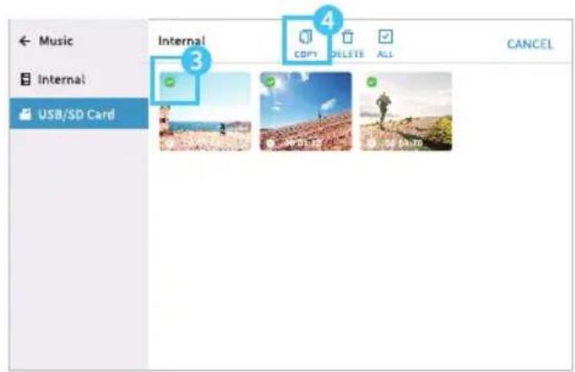 Music Internal USB/SD Card Internal 3 4 COPY DELETE ALL CANCEL