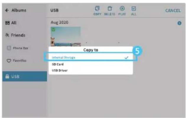 Albums USB COPY DELETE PLAY ALL CANCEL All Aug 2020 Copy to Internal Storage SD Card USB Driver 5