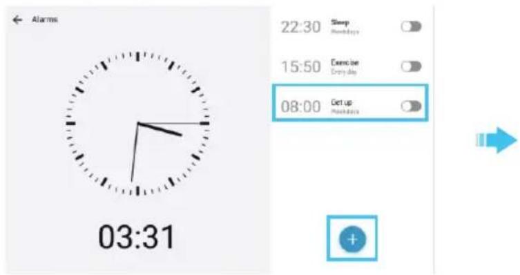 Alarms 03:31 22:30 Sleep Slowdays 15:50 Exercise Every day 08:00 Get up Slowdays