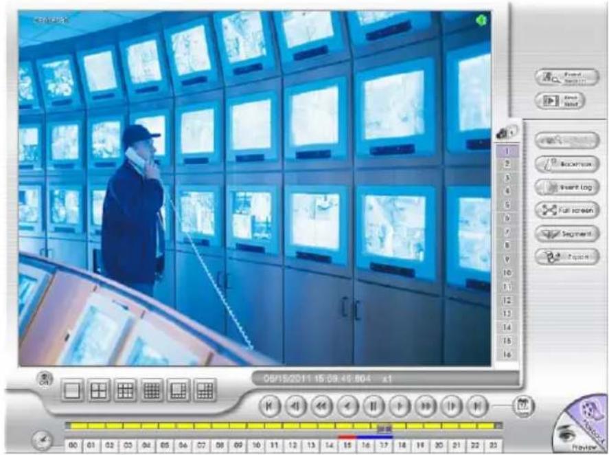 Screenshot of a video control interface with a operator monitoring multiple screens, showing timeline and playback controls.
