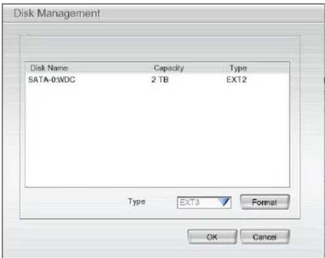 Disk Management Disk Name Capacity Type SATA-0:WDC 2 TB EXT2 Type EXT3 Format OK Cancel