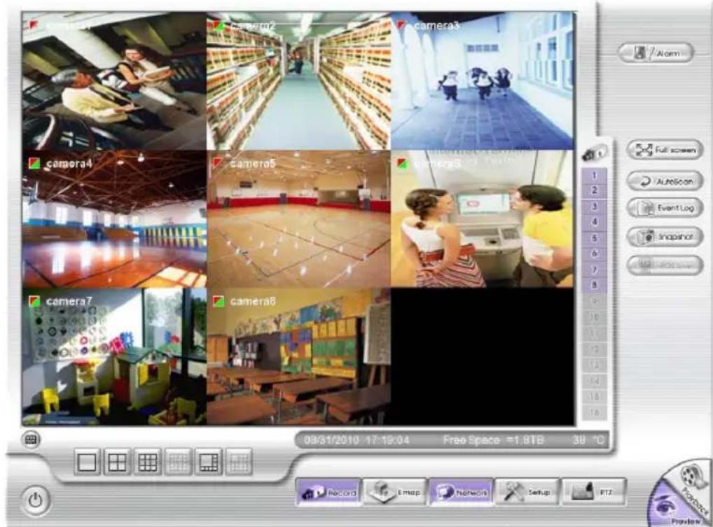 camera2 camera3 camera4 camera5 camera6 camera7 camera8 09/31/2010 17:19:04 Free Space =1.9TB 3B °C Record Email Network Setup PTZ Review