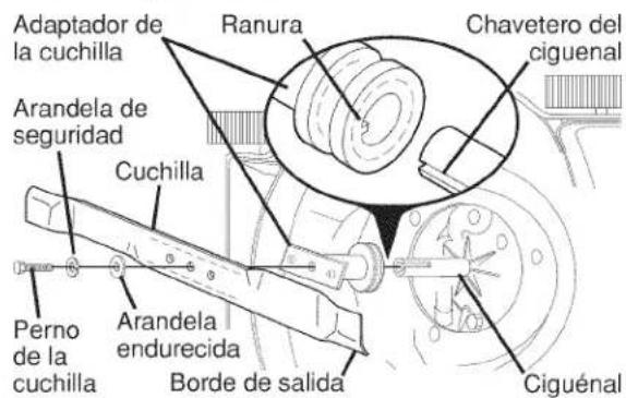 Adaptador de la cuchilla Ranura Chavetero del ciguenal Arandela de seguridad Cuchilla Perno de la cuchilla Arandela endurecida Borde de salida Ciguénal