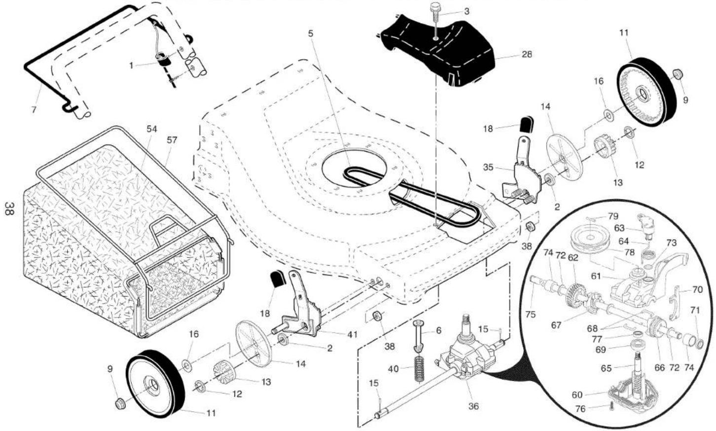 Exploded view diagram of a mechanical device with numbered parts and exploded view, including labeled parts like gears, motors, and housing.