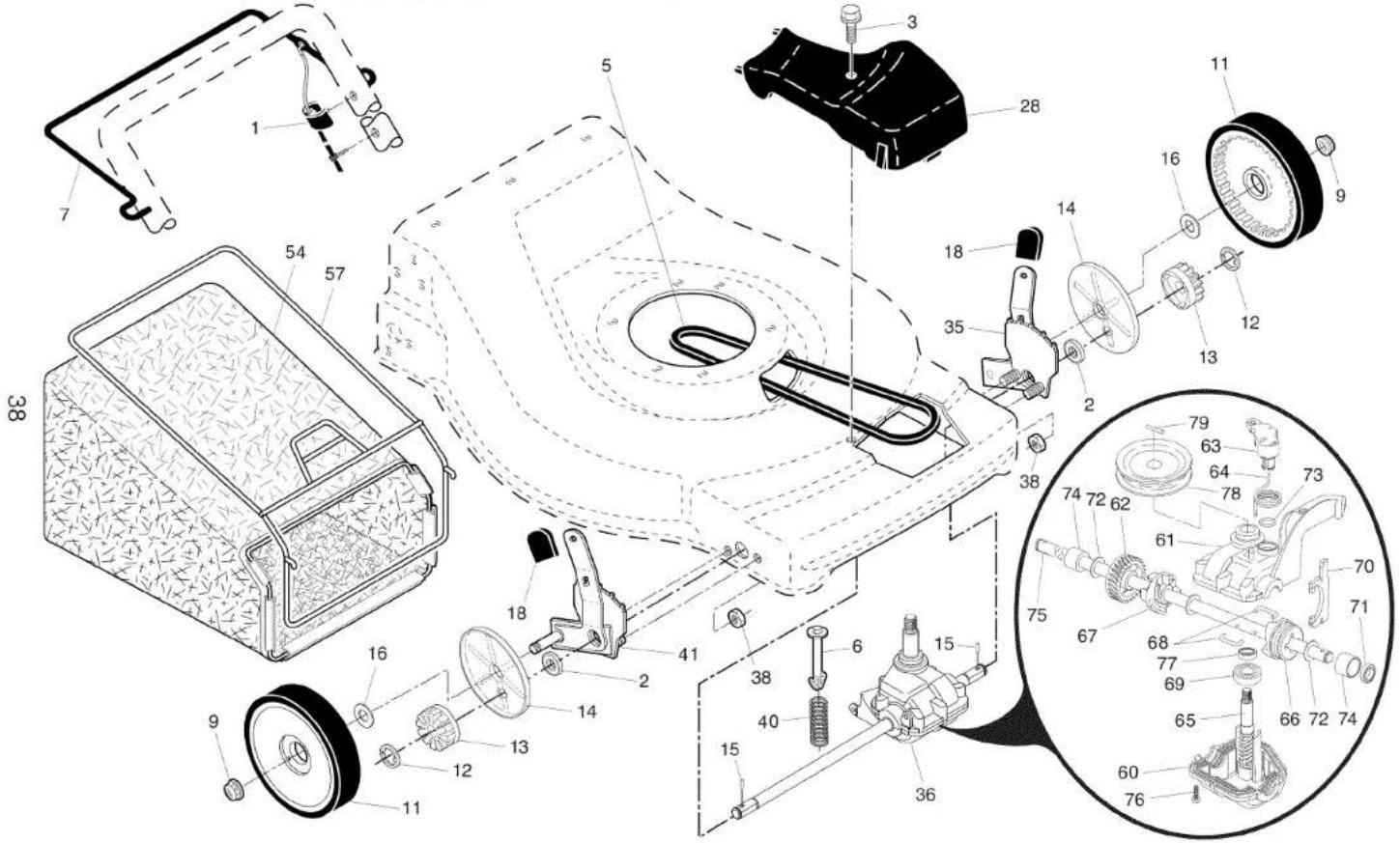 Exploded view diagram of a mechanical device with numbered parts and exploded view, including a zoomed-in inset for detailed assembly.