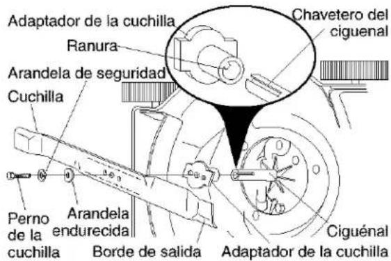 Adaptador de la cuchilla Ranura Chavetero del ciguenal Arandela de seguridad Cuchilla Perno de la cuchilla Arandela endurecida Borde de salida Adaptador de la cuchilla Ciguénal