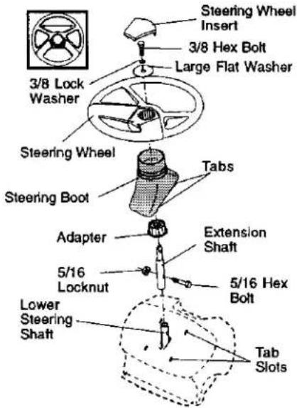 Steering Wheel Insert 3/8 Hex Bolt Large Flat Washer 3/8 Lock Washer Steering Wheel Steering Boot Tabs Adapter Extension Shaft 5/16 Locknut 5/16 Hex Bolt Lower Steering Shaft Tab Slots