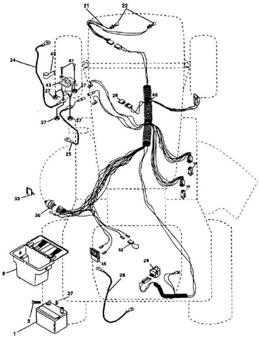 Technical diagram of an electrical wiring harness with numbered components and labeled parts