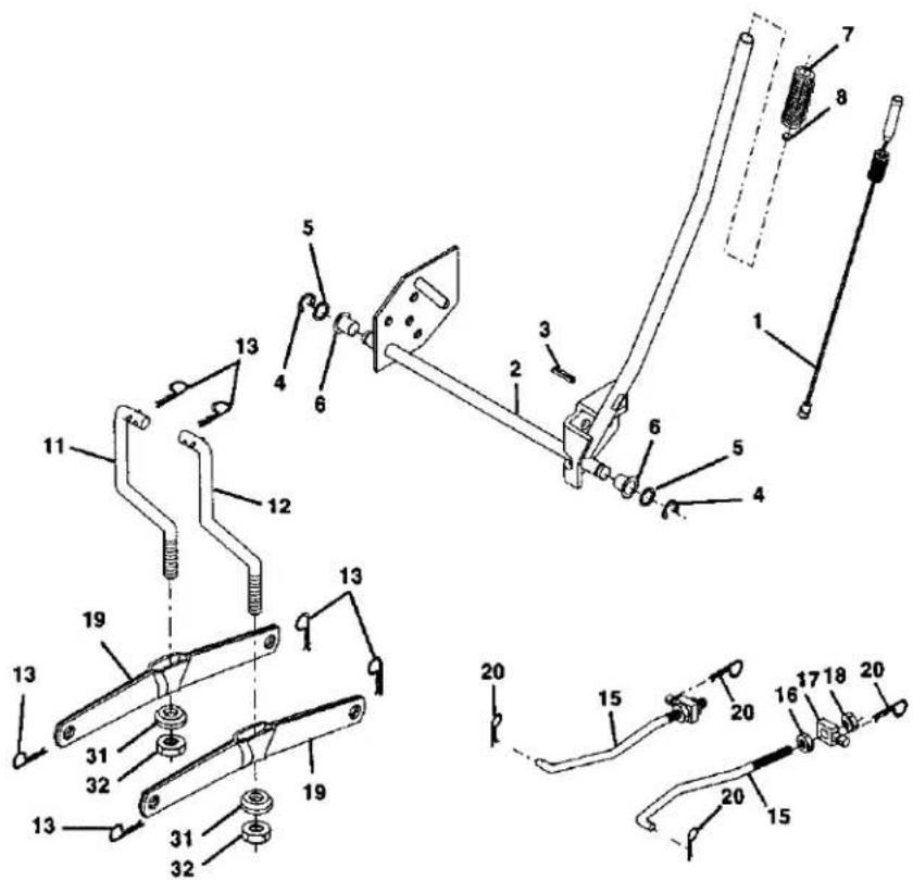 Technical diagram of a mechanical linkage system with numbered components and assembly details