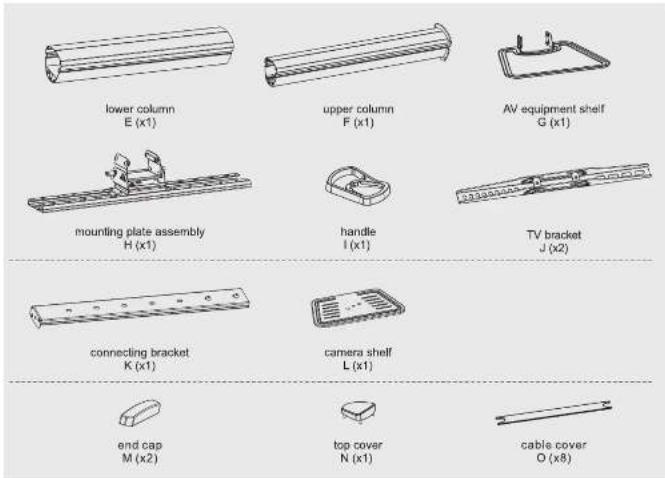 lower column E (x1) upper column F (x1) AV equipment shelf G (x1) mounting plate assembly H (x1) handle I (x1) TV bracket J (x2) connecting bracket K (x1) camera shelf L (x1) end cap M (x2) top cover N (x1) cable cover O (x8)