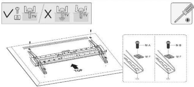 Technical diagram showing a mechanical assembly with labeled components and tool icons, including TV, M.A, M.B, and M.F parts.