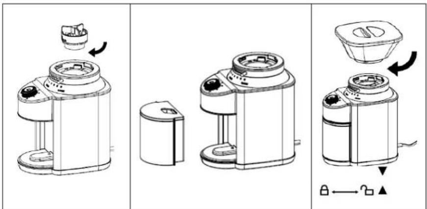 Technical diagram showing three-step assembly of a coffee maker with labeled parts and directional arrows indicating motion.