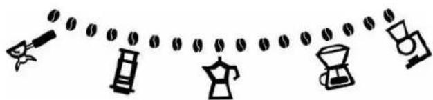 Diagram showing five types of coffee brewing methods: dropping drop, pouring into a bottle, washing machine, drying coffee cup, and using a stand-over.