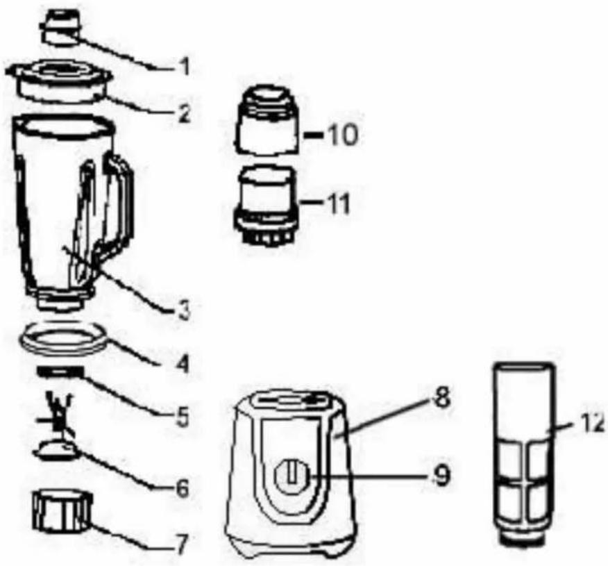 Exploded view diagram of a blender with numbered parts for identification