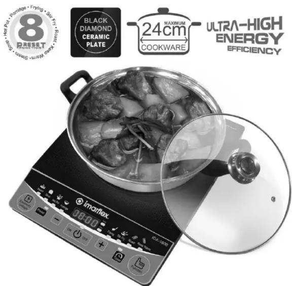 8 PASSET HOT POT • Porridge • Frying • Sug Fly Black DIAMOND CERAMIC PLATE MAXIMUM 24cm COOKWARE ULTRA-HIGH ENERGY EFFICIENCY imortex. 08:00 10X:1500