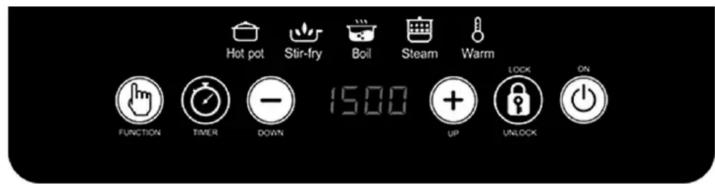 Hot pot Stir-fry Boil Steam Warm FUNCTION TIMER DOWN 1500 UP LOCK ON UNLOCK
