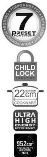 7 PRESET FUNCTION CHILD LOCK FUNCTION MAX RETURN 22cm COOKWARE ULTRA HIGH ENERGY EQUITY 952cm² HIGH QUALITY REJUNCTION HOT