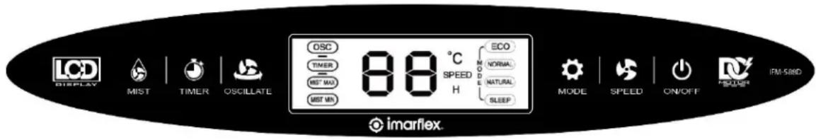 LCD DISPLAY MIST TIMER OSCILLATE OSC TIMER MST MAX MST MAX 88 °C SPEED H ECO NORMAL NATURAL SLEEP MODE SPEED ON/OFF FM-526D imarflex