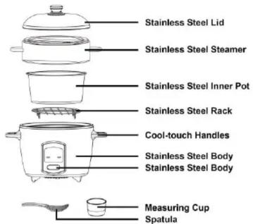 Stainless Steel Lid Stainless Steel Steamer Stainless Steel Inner Pot Stainless Steel Rack Cool-touch Handles Stainless Steel Body Stainless Steel Body Measuring Cup Spatula