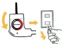 Diagram showing a device with a rotary dial and a hand holding an electrical outlet, illustrating the process of switching.