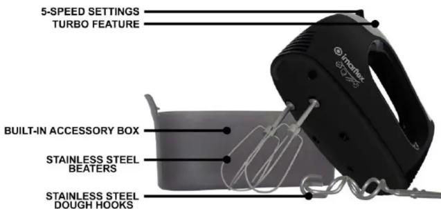 5-SPEED SETTINGS TURBO FEATURE BUILT-IN ACCESSORY BOX STAINLESS STEEL BEATERS STAINLESS STEEL DOUGH HOOKS