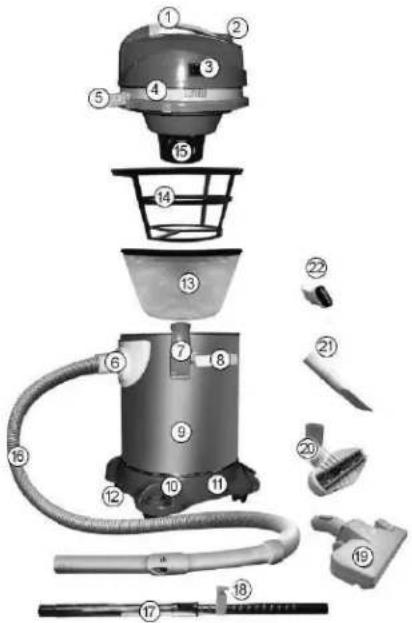 Exploded view diagram of a vacuum cleaner with numbered parts for identification