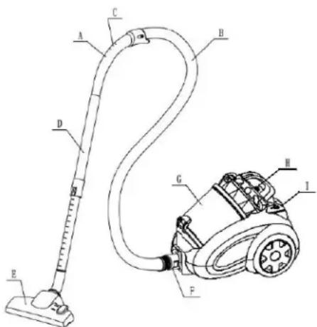 Technical diagram of a vacuum cleaner with labeled parts A through I, showing internal structure and wiring connections.