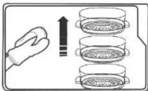 Diagram showing a hand holding a tool next to three petri dishes with an upward arrow indicating process or measurement.