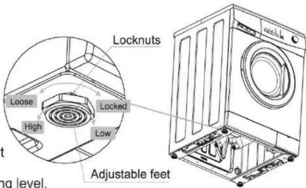 Locknuts Loose High Locked Low Adjustable feet t ng level.