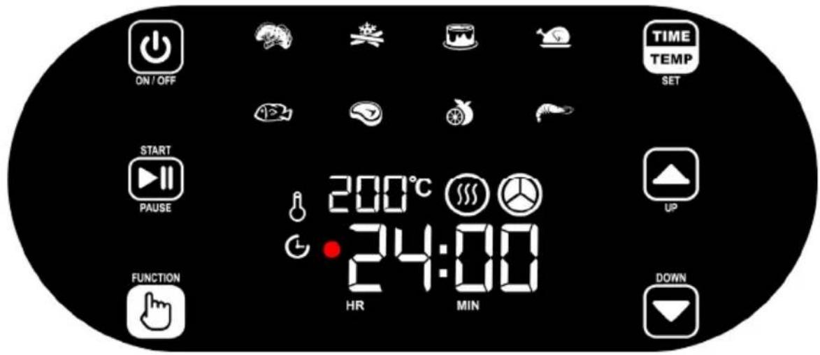 ON / OFF START PAUSE FUNCTION 200°C 24:00 HR MIN TIME TEMP SET UP DOWN