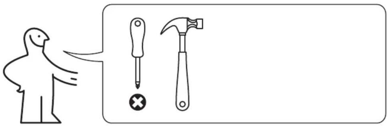 Illustration showing a person pointing to two tools: a screwdriver and a hammer, with a cross symbol indicating incorrect use.