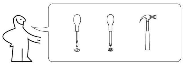 Illustration showing a bird pointing to three different types of tools: a pin, a screwdriver, and a hammer.