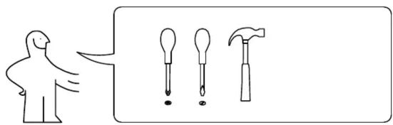 Illustration showing a person pointing to three different tools: a tool with a hammer, a tool with a dropper, and a tool with a nail.